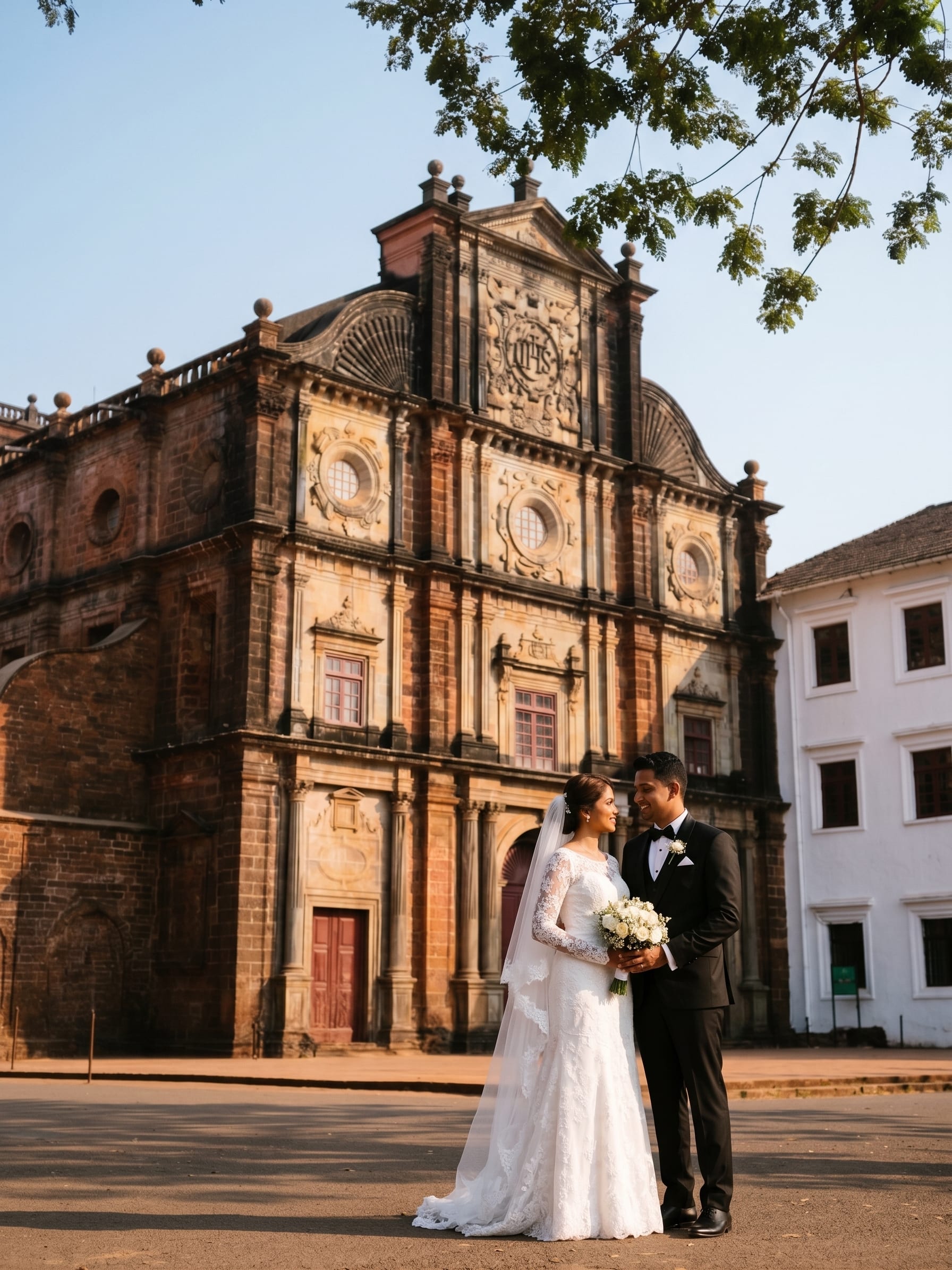 Bride and groom outside the Basilica of Bom Jesus in Goa